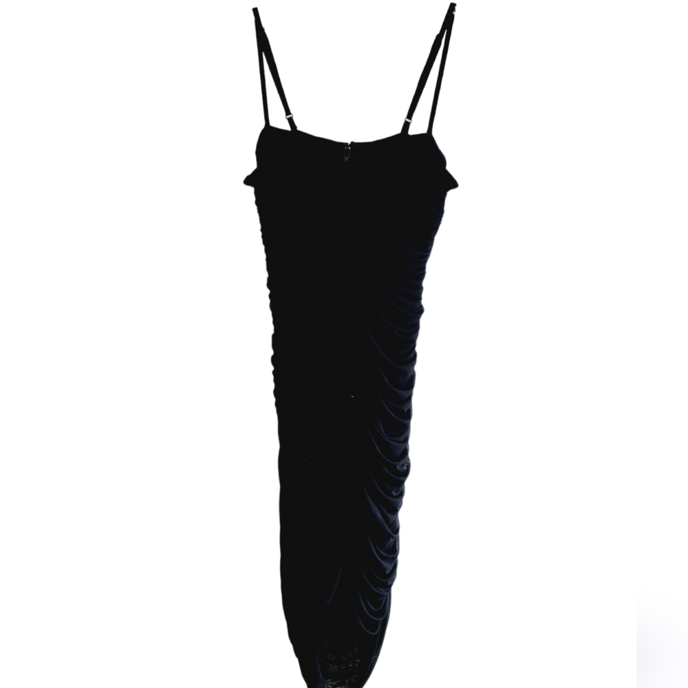 Teeze Me LBD Ruched Mesh Overlay Spaghetti Strap Cocktail Homecoming Dress - Picture 1 of 9